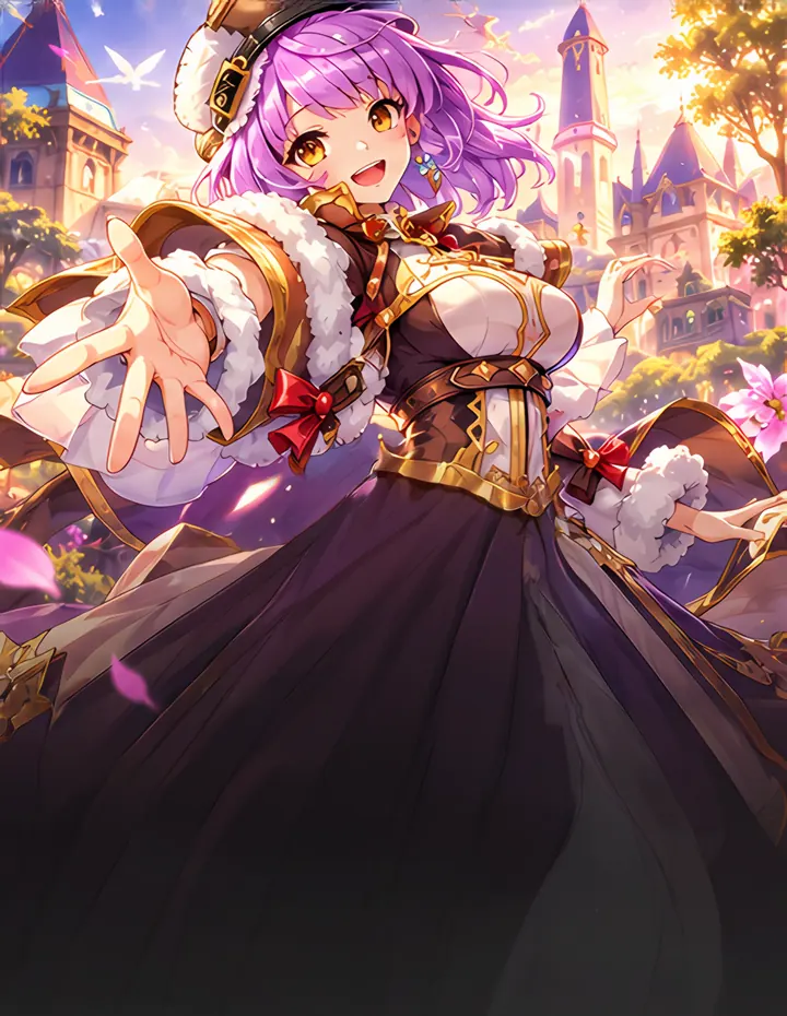 A smiling purple-haired adventurer in a fur-trimmed coat reaches out in front of a sunlit fantasy town.
