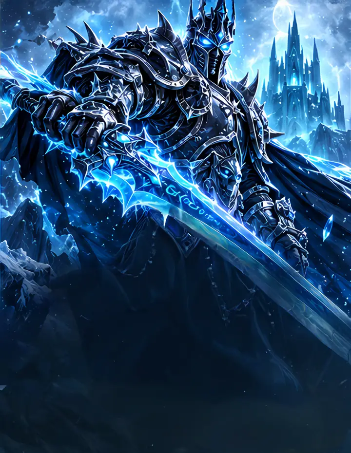 An armored undead king in spiked plate holds a frost-covered runeblade in front of an icy citadel.