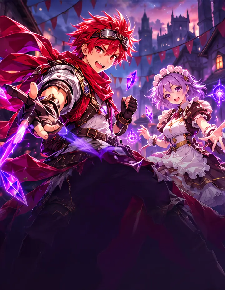A red-haired swordsman with goggles and a cheerful mage in a maid outfit stand in a festival town at dusk, surrounded by violet crystals.